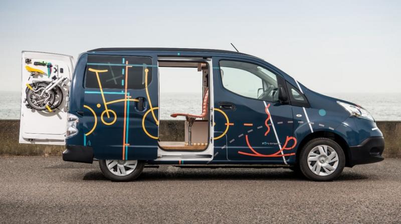 Designed with collaboration from UK-based design firm Studio Hardie, Nissan imagines businesses and employees capitalizing on free and low cost charging to make the van a cost saving office space