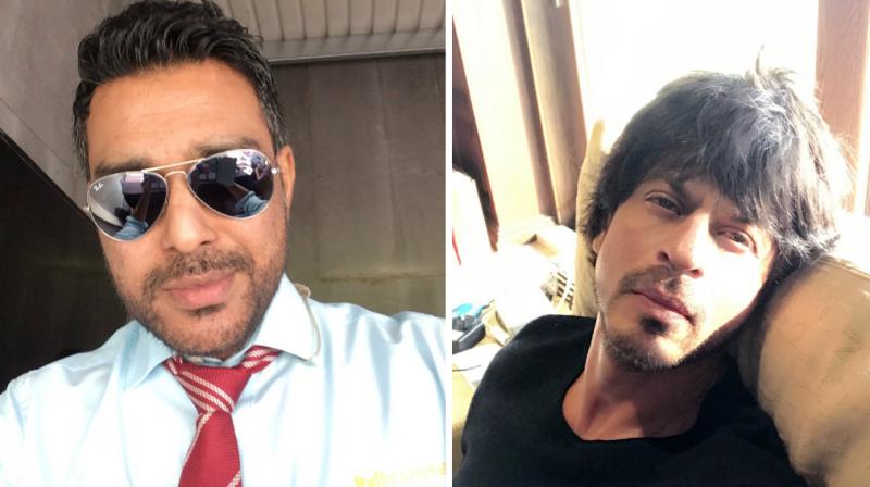Sanjay Manjrekar tried to mimic Shah Rukh Khan during the second India versus England ODI in Cuttack. (Photo: Twitter / Sanjay Manjrekar and Shah Rukh Khan)