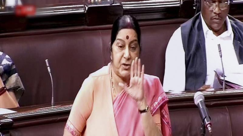 Minister of External Affairs Sushma Swaraj speaking in Rajya Sabha in New Delhi. (Photo: PTI)