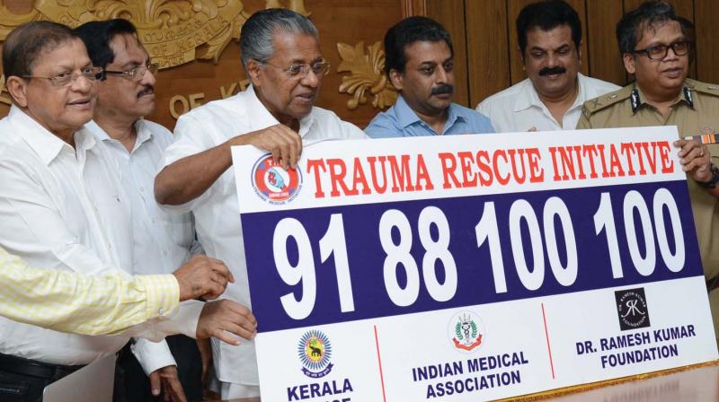 Chief minister Pinarayi Vijayan launches the trauma rescue initiative ambulance service initiated by IMAa in association on Friday. 	(Photo: DC)