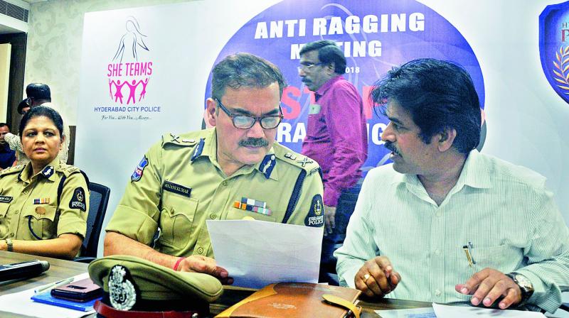 Police Comissioner Anjani Kumar, Addl CP Shikha Goel and N. Yadiah registar JNTU, at the anti-ragging meet with colleges on Wednesday.
