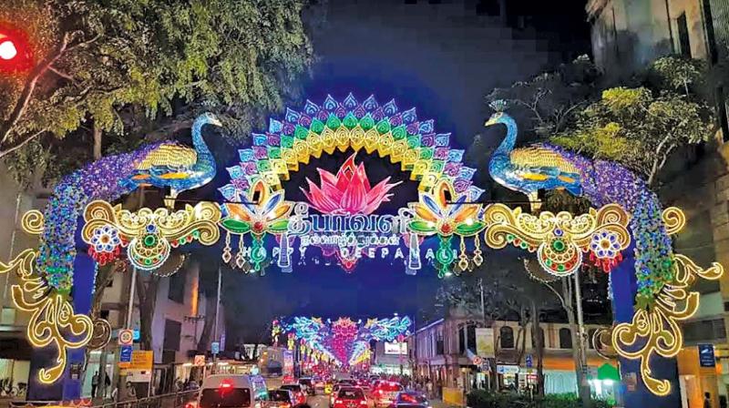 The entrance to Little India lit up with intricately designed lights to welcome the festival of Deepavali.