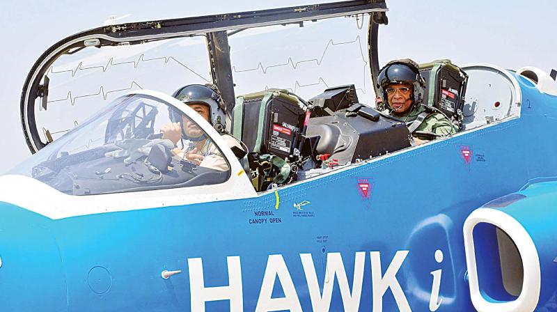 HAL CMD T. Suvarna Raju flew in Hawk-i during the Aero India 2017 at Air Force Station Yelhanka, in Bengaluru on Thursday. (Photo: KPN)