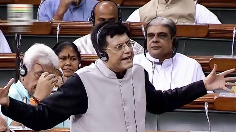 Finance minister Piyush Goyal speaks in the Lok Sabha during the Monsoon session of Parliament, in New Delhi on Wednesday. (Photo: AP)