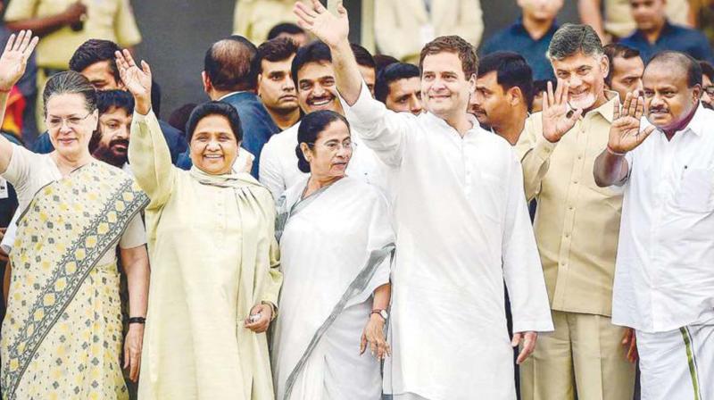 A file photo of Sonia Gandhi, Mayawati and Mamata Banerjee with Rahul Gandhi at a political rally.