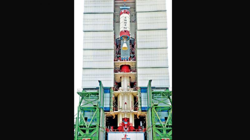Second stage of PSLV-C38 rocket integrated at Satish Dhawan Space Centre in Sriharikota.