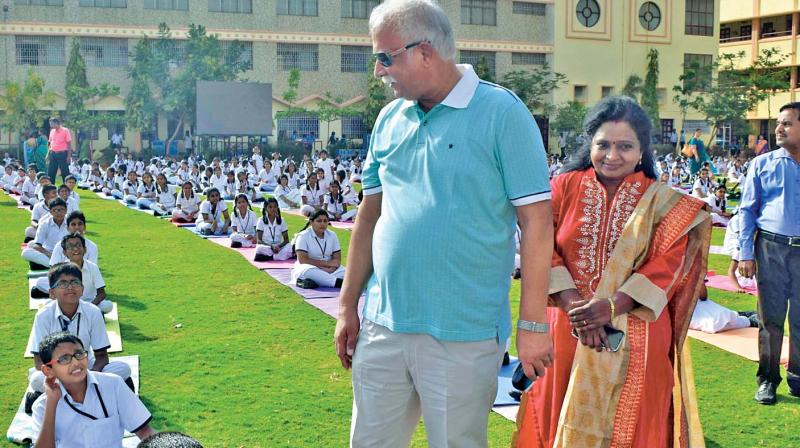 Union  minister Ashok  Gajapathi Raju at the International Day of Yoga celebrations in SBOA  School, Anna Nagar, on Wednesday. (Photo: DC)