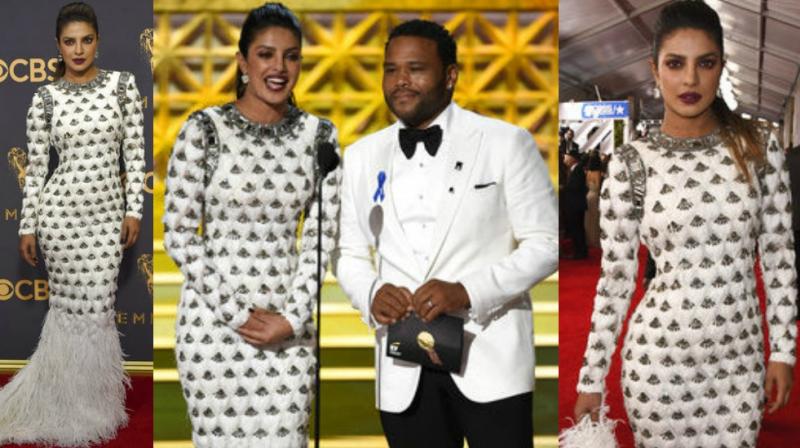 Priyanka Chopra on the Emmy Awards red carpet and while presenting award with Anthony Anderson. (Photos: AP)