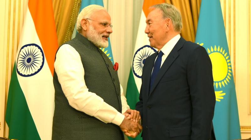 Mr Nursultan Nazarbayev, President of the Republic of Kazakhstan met Narendra Modi and discussed ways to expand bilateral ties.(Photo: Twitter/@PMOIndia)