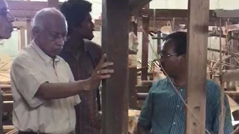 KSIDC chairman Christy Fernandez visits a handloom unit affected by the floods in Chendamanagalam on Monday