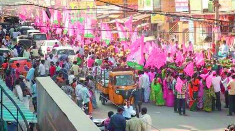 Ch Malla Reddy A TRS rally blocks the road in Jawaharnagar. Reports said an ambulance carrying a patient was stuck behind the rally and could not pass it.