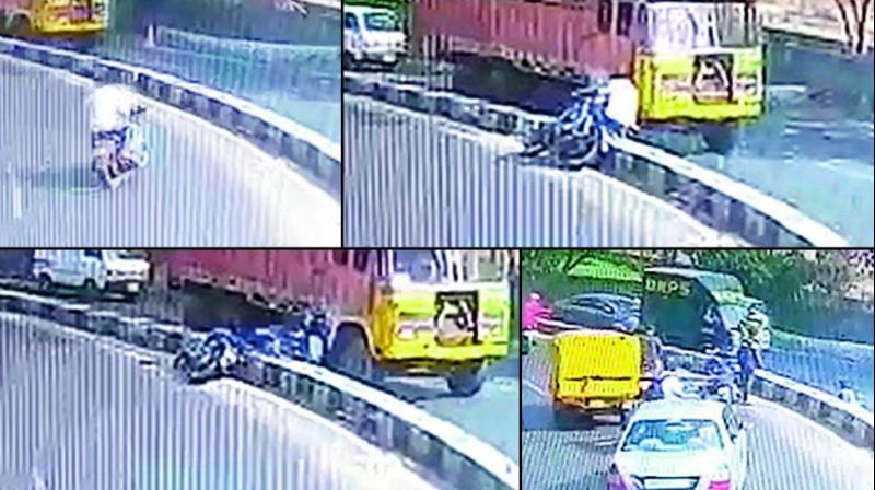 A CCTV grab shows the victims approaching the accident spot, hitting the divider, falling under the truck, and a body lying on the road behind the truck. (Photo: File)