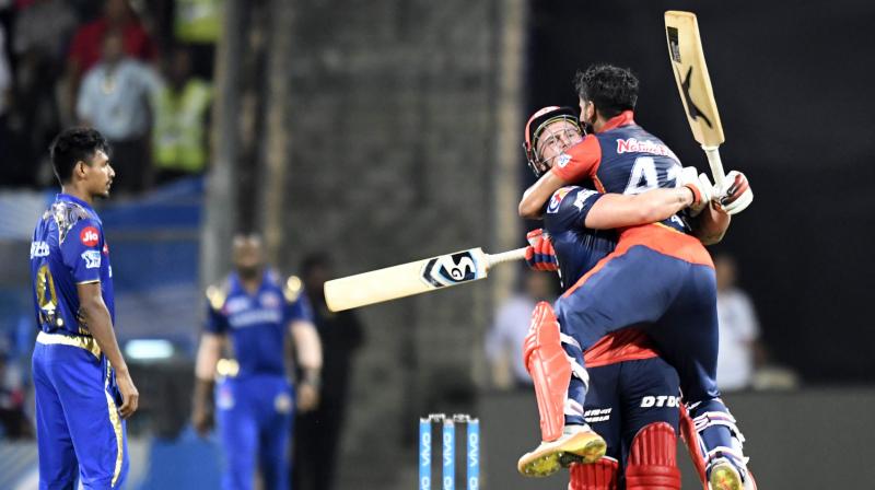Jason Roy and Shreyas Iyer celebrate after winning the match against Mumbai Indians on Saturday. (Photo: Rajesh Jadhav)