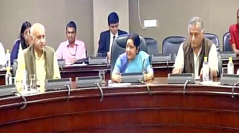 External Affairs Minister Sushma Swaraj, Ministers of State for MEA MJ Akbar and Union Minister of State for External Affairs VK Singh. (Photo: ANI