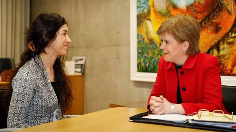 Nadia Murad (left) in conversation with First Minister of Scotland Nicola Sturgeon. (Photo: Twitter | @NadiaMuradBasee)