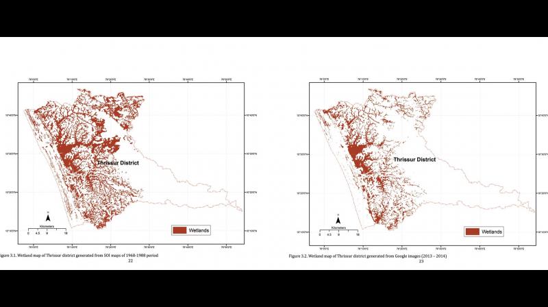 Wetland map of Thrissur district generated through SOI maps and Googl Images show massive destruction due to reclamation