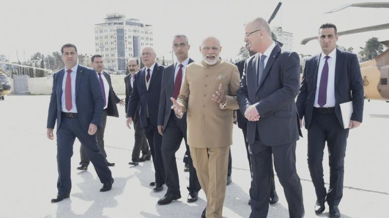 Prime Minister Narendra Modi arrives in Palestine. (Photo: Twitter)