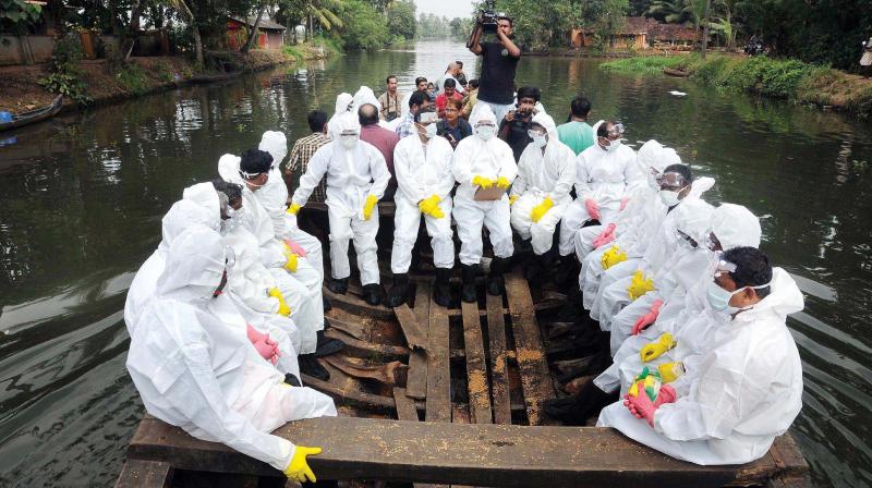 Animal husbandry depatment officials travel to Maniyaparampu and Kelakery regions in Kottayam to carry out culling of bird-flu infected ducks on Tuesday.