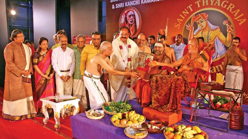 Kanchi acharyas Sri Jayendra Saraswathi and Vijayendra Saraswathi grace the inaugural of Saint Thyagarajas 250th Jayanthi celebration in the city. (Photo: DC)
