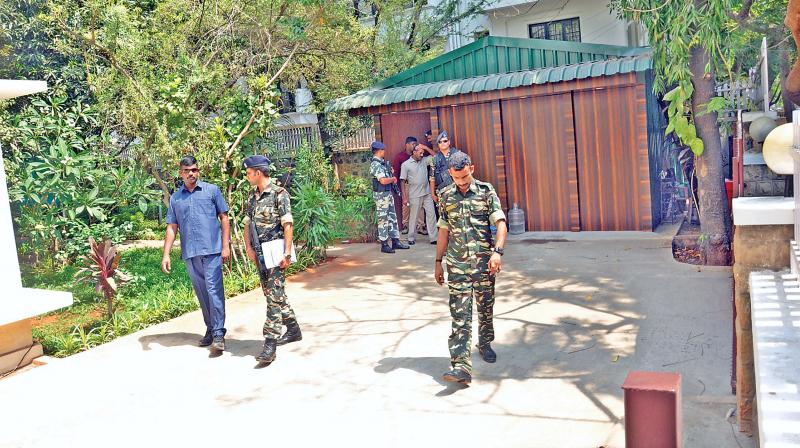 CRPF officials posted outside Paneerselvams residence o Greenways road on Monday. (Photo: DC)