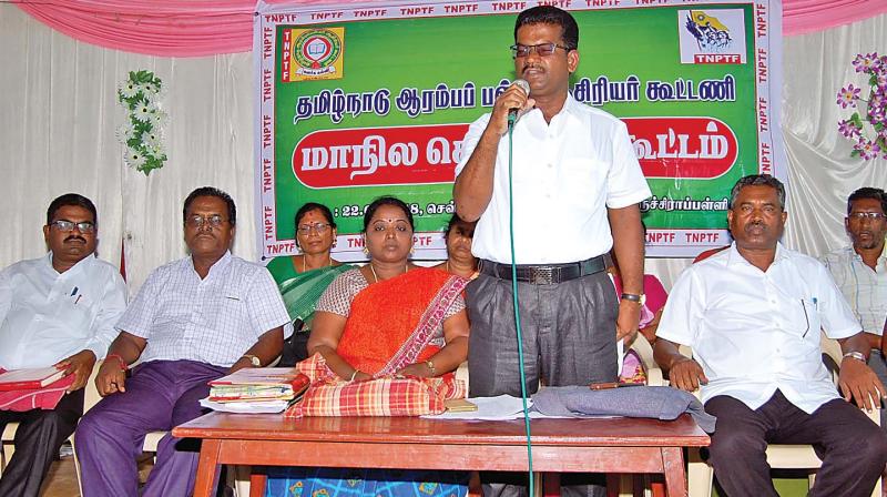 S.Mayil, state general secretary of the  Tamil Nadu Primary School Teachers Federation, addresses their state executive at Tiruchy on Tuesday.	(Photo: DC)