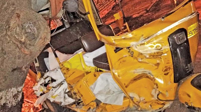 An auto-rickshaw that was damaged after actor Vikrams son Dhruvs car rams into it in the wee hours of Sunday near Alwarpet.  (Photo:DC)