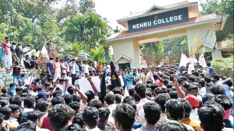 Students and activists of various student organisations hold protests on the campus of Nehru College of Engineering & Research Centre at Pampady on Monday.