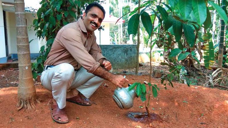 A participant under one crore saplings project waters a sapling he planted. (Photo: DC)