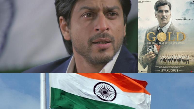 Shah Rukh Khan in a still from Chak De India, Akshay Kumar on Gold poster, Indian National Flag.
