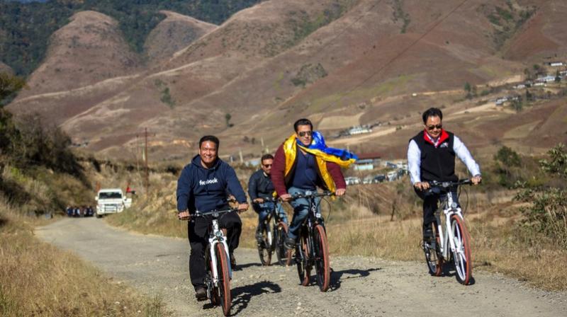 The trio cycled around the hilly terrains in the state to kick-start the second edition of MTB Arunachal Mountain Bicycle Race. (Photo: Twitter | @PemaKhanduBJP)