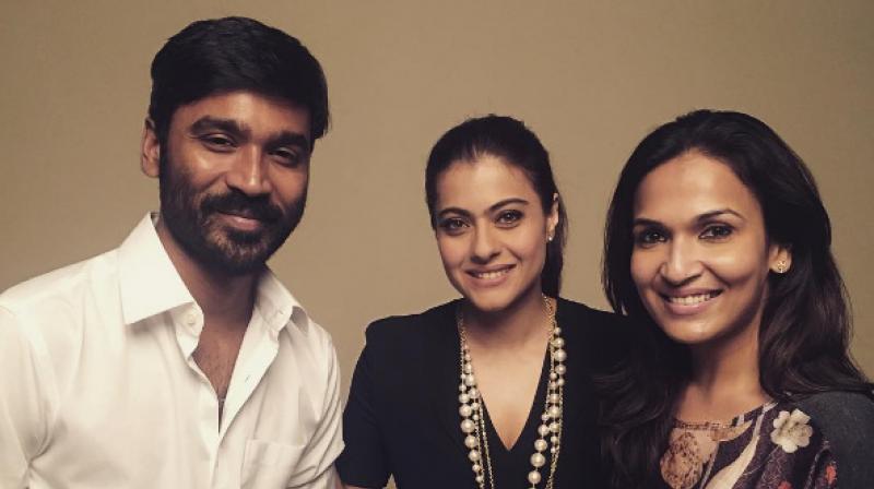 Kajol poses with Dhanush and Soundarya Rajnikanth.