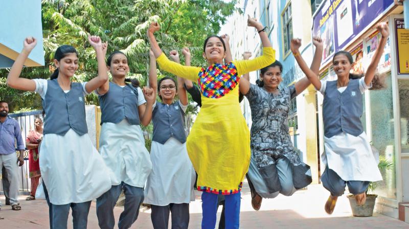 Students of Everwin school at Kolathur erupt in joy after the announcement of plus-2 results on Wednesday.(Photo: DC)