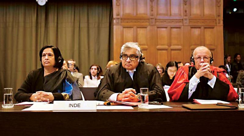 File photo of senior advocate Harish Salve (C) at the International Court of Justice in The Hague. Salve is representing India in the Jadhav case