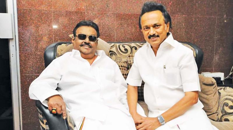 DMK president M.K. Stalin met DMDK founder Vijayakanth at his Saligramam residence on Friday and enquired about his health. (Photo: DC)