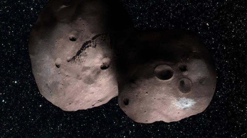 One artists concept of Kuiper Belt object 2014 MU69, the next flyby target for NASAs New Horizons mission. This binary concept is based on telescope observations made at Patagonia, Argentina on July 17, 2017 when MU69 passed in front of a star. New Horizons theorize that it could be a single body with a large chunk taken out of it, or two bodies that are close together or even touching. Credits: NASA/JHUAPL/SwRI/Alex Parker