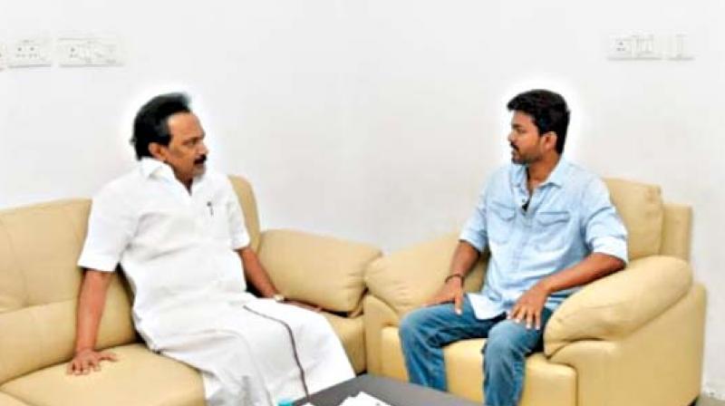 Actor Vijay visited DMK chief M. Karunanidhi at Kauvery Hospital and enquired about his health with partys working president M.K. Stalin on Wednesday. (Photo: DC)