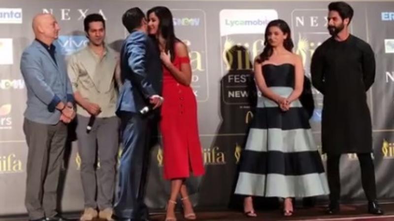 Salman and Katrina embracing each other on stage, during the press conference of IIFA Awards. Despite dating for a good six years and then breaking up, the duo is in excellent terms with one another and Katrina has reportedly called Salman family. After 2012-released hit film Ek Tha Tiger, the pair is coming back for its sequel, titled Tiger Zinda Hai.