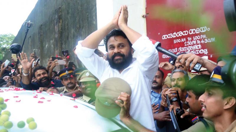 Actor Dileep comes out of the Aluva sub-jail after the Kerala High Court granted him bail in Kochi on Tuesday.	(Photo: SUNOJ NINAN MATHEW)