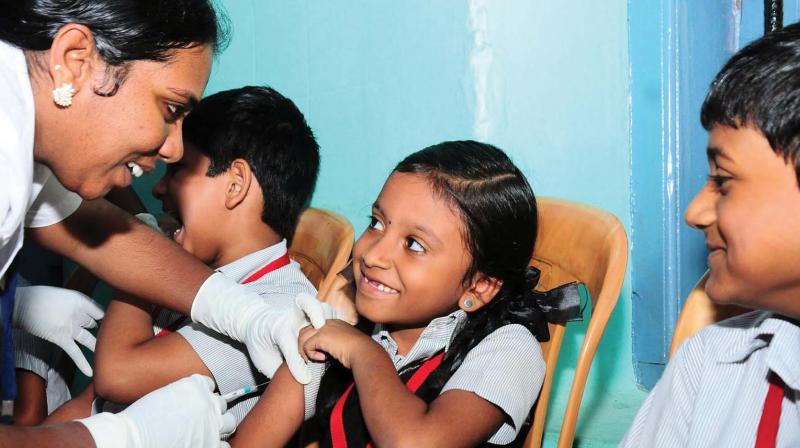 Measles-Rubella (MR) Vaccine being administered to a child at Government General Hospital in Kozhikode on Tuesday. (Photo: DC)