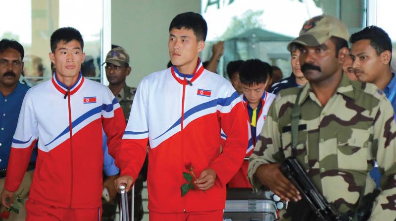 Members of North Korea football team for FIFA U-17 World Cup which arrived at Kochi International Airport on Tuesday 	(Photo: ARUN CHANDRABOSE)