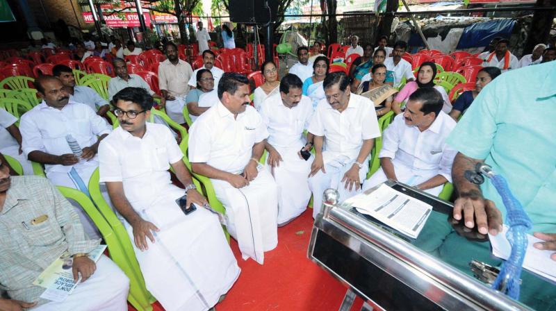 Kerala Congress (M) leader P. J. Joseph participates in the day and night protest organised by the UDF in Thodupuhza on Thursday. (Photo: Arrangement)