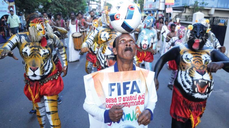 A soccer fan exhibits his skills during the torch rally and ball run rally which concluded at Durbar Hall Ground in Kochi on Friday. The rally, started in Kasargod on October 3, aims to popularise Under-17 World Cup. (Photo: ARUN CHADRABOSE)