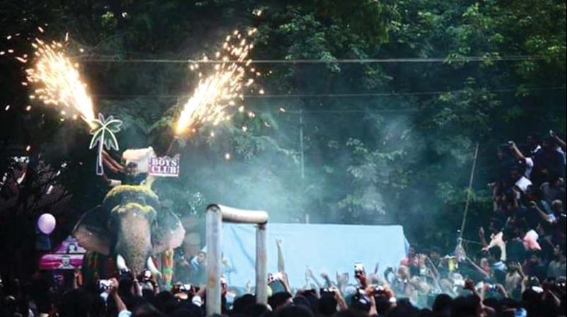 The picture released by Heritage Animal Task Force shows the firework being conducted atop an elephant during the church fest at Pazhanji on Tuesday last. (Photo: DC)
