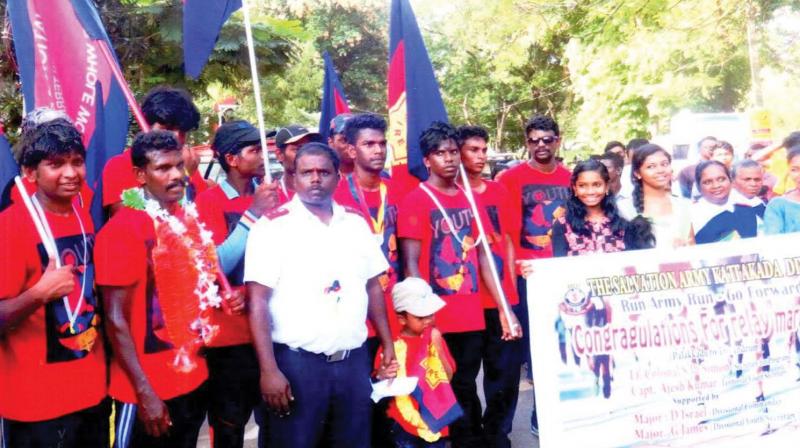 Reception given to the 400-km relay marathon organised by Salvation Army to spread awareness on drug abuse in Thiruvananthauram on Saturday.