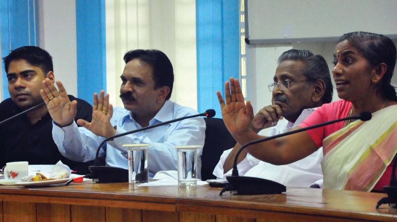 Kozhikode district collector U.V. Jose and Wayanad district panchayat president  T. Ushakumari intervening in the discussion on Wayanad Ghat Road development in the meeting held at Collectorate on Friday. Wayanad district collector S Suhas (left) and M.I. Shanawas MP (second from right) giving a patient hearing.  (Photo: DC)