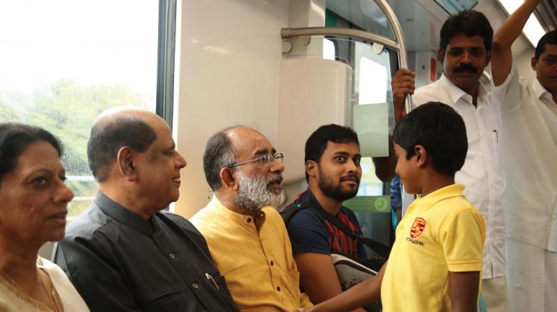 Union minister Alphons Kanna-nthanam during the Kochi Metro ride.