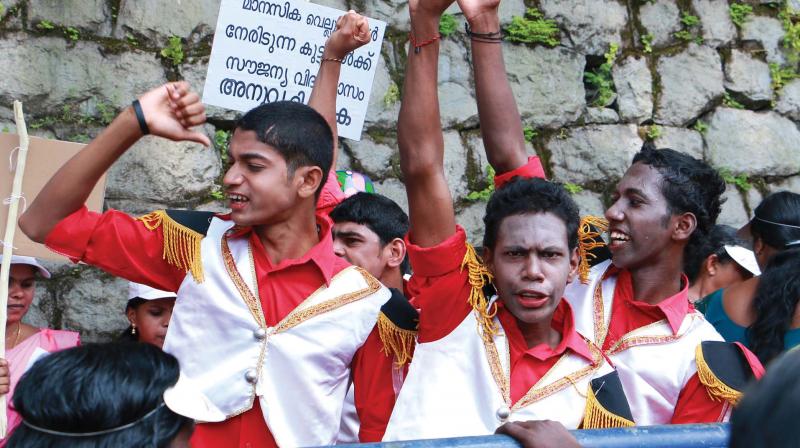 Special school students during a demonstration as part of the protest by their parents and teachers in front of Kottayam collectorate on Thursday. (Photo: RAJEEV PRASAD)