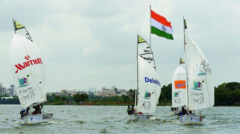 Action during the Monsoon Regatta at the Hussainsagar Lake in Hyderabad on Friday.