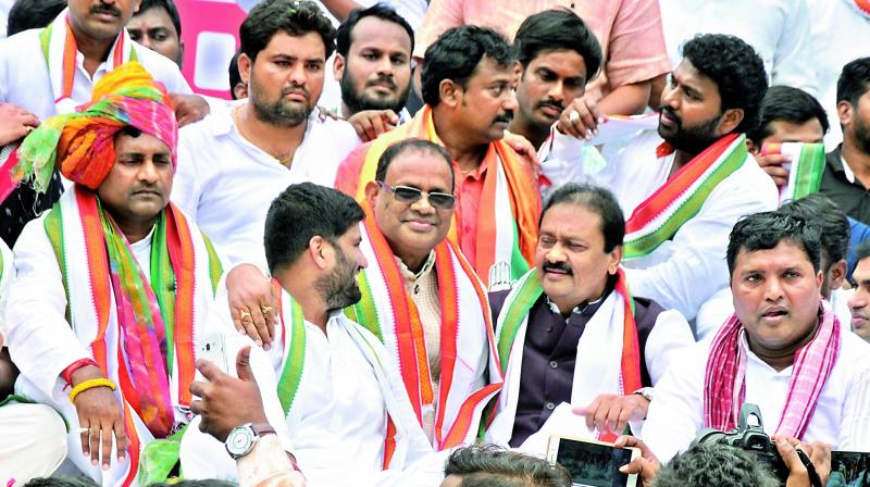 Congress and Indian Youth Congress leaders take part in the partys Bharat Bachao Andolan at Gandhi Bhavan in Hyderabad on Monday.  (Photo:P Surendra)