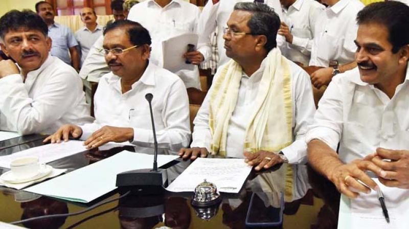 (From Right) AICC General Secretary K.C. Venugopal, Chief Minister Siddaramaiah, KPCC president Dr G. Parameshwara and energy minister D.K. Shivakumar during a CLP meeting at Vidhana Soudha in Bengaluru on Friday 	(Photo: DC)